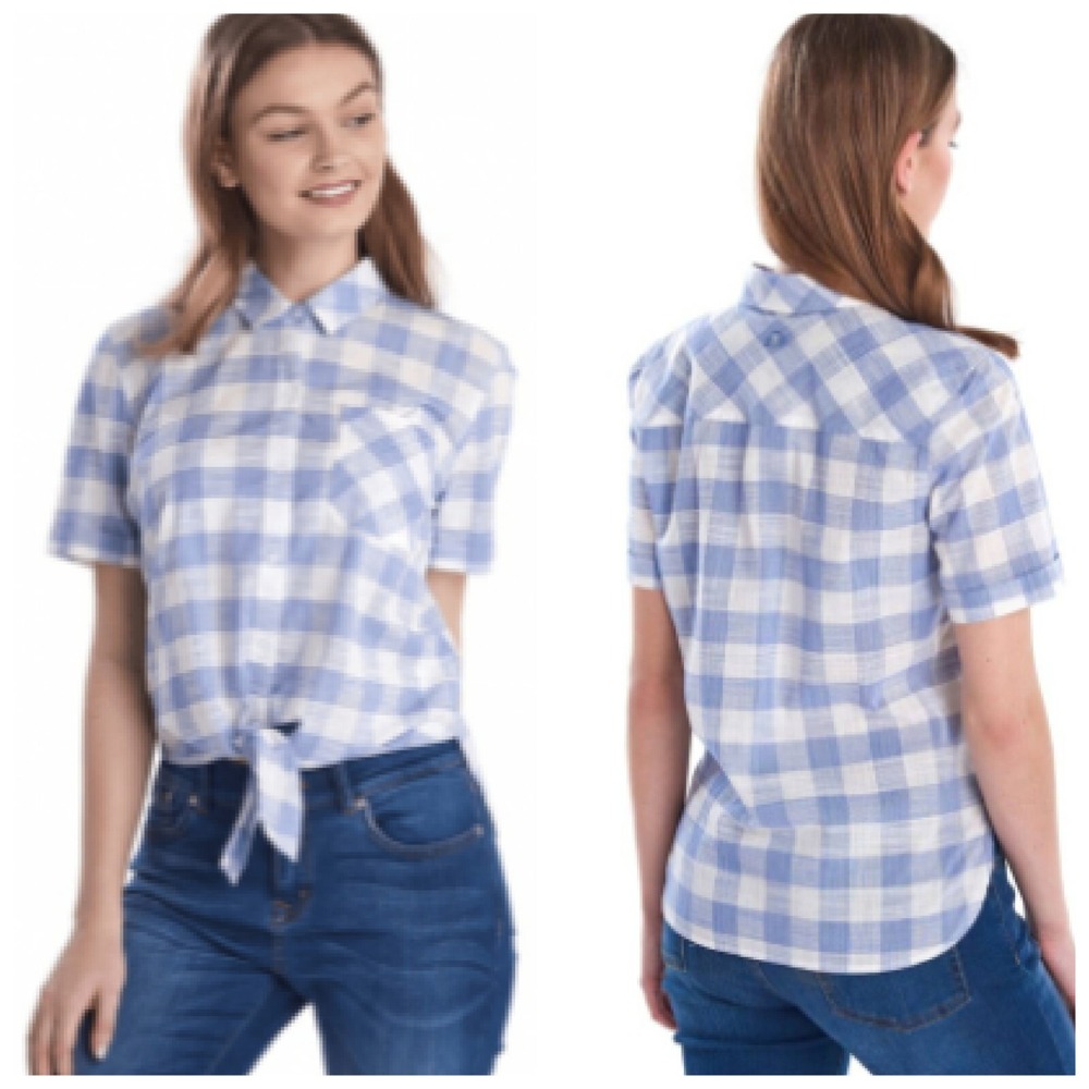 Barbour Pier Women Cotton Plaid Tie Hem Blouse Blue/White Size 8 A009633